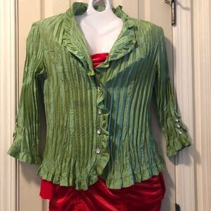 Vintage metallic green Jaipur ruffle bling button light weight blazer